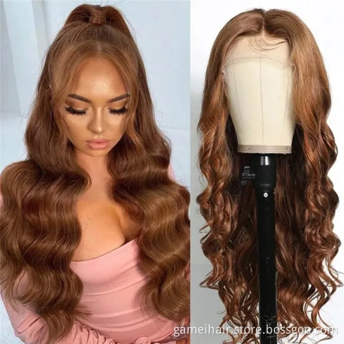 wholesale high quality natural brazilian Auburn Brown Hair Color closure Lace 100%  virgin transparent  body Wave human hair wig